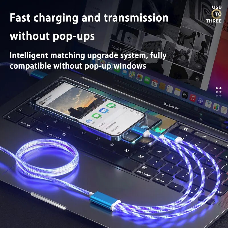 3in1 3A Fast Charging Glowing LED Charger for Micro,USB-C,iPhone