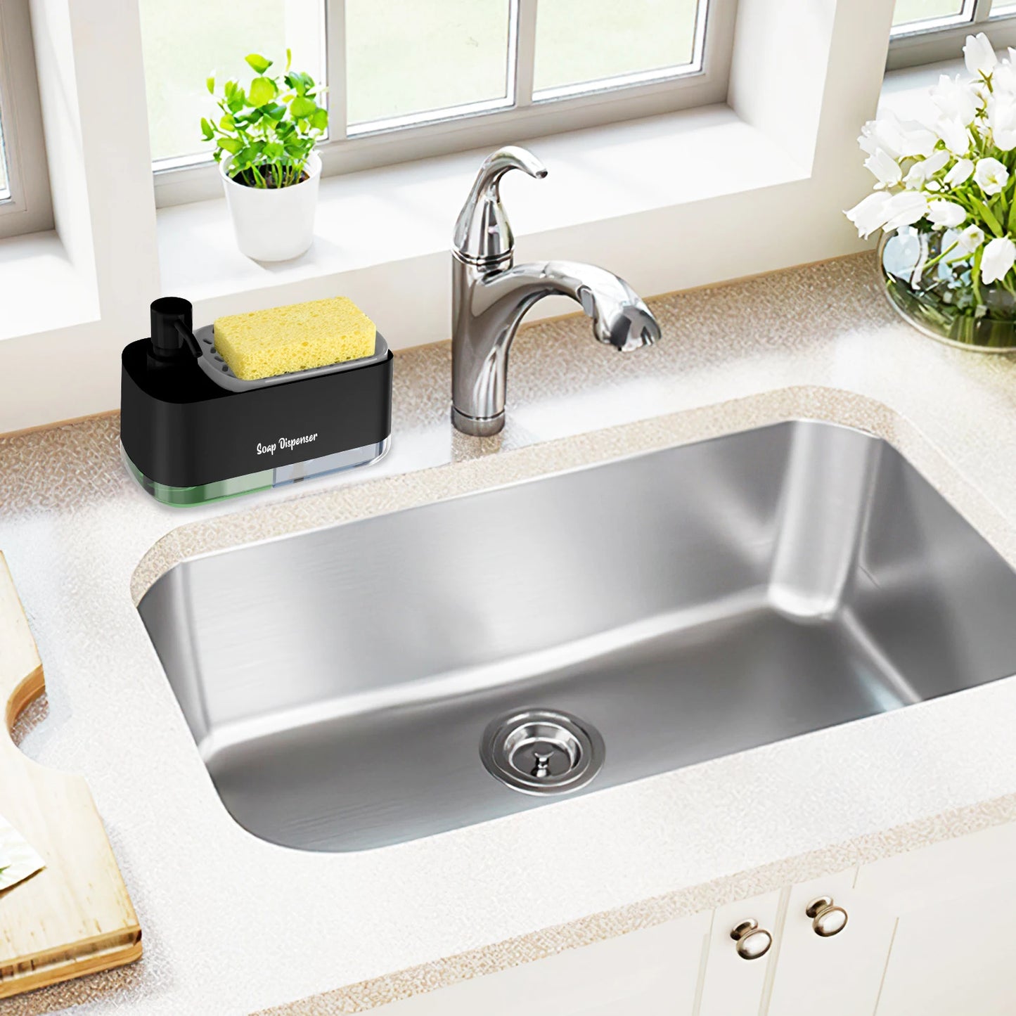 Manual Press Soap Box, Detergent Dispenser, Sponge Holder, Kitchen Sink
