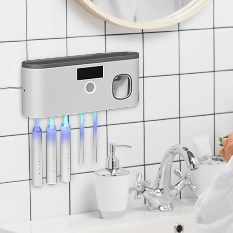 Wall Toothbrush Holder for Bathroom UV Toothbrush Organizer Toothpaste Dispenser USB Rechargeable 5 Slots Bathroom Supplies