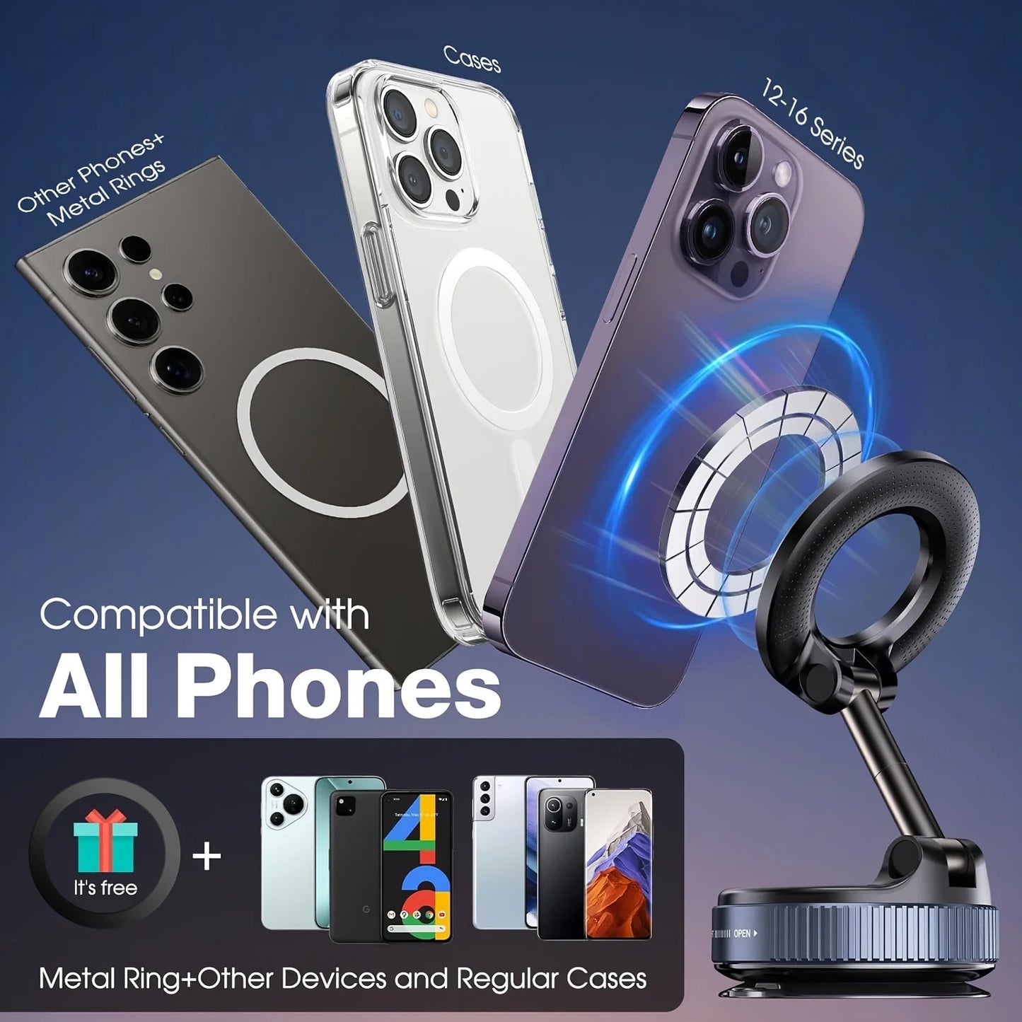 Magnetic suction phone grip with 360° rotation. Pocket-sized, foldable, and Magsafe compatible