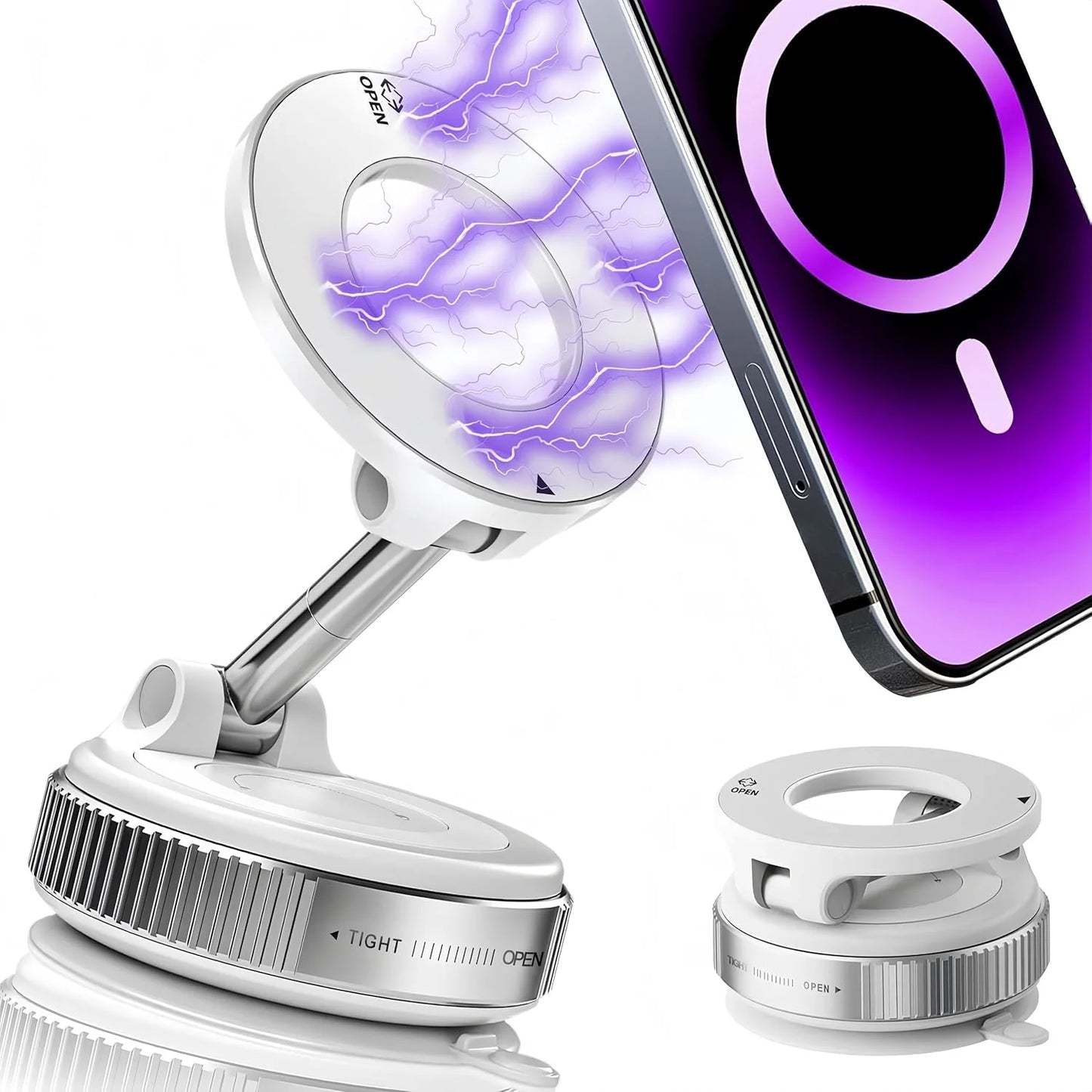 Magnetic suction phone grip with 360° rotation. Pocket-sized, foldable, and Magsafe compatible