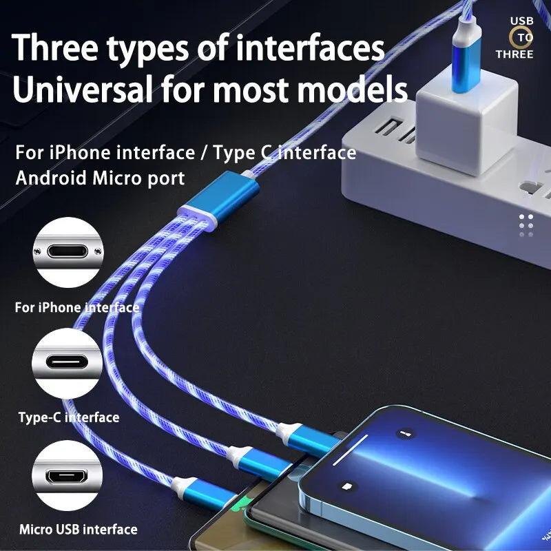 3in1 3A Fast Charging Glowing LED Charger for Micro,USB-C,iPhone