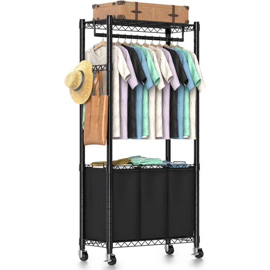 3 Section Laundry Basket Organizer with Wheels and Hanging Bar