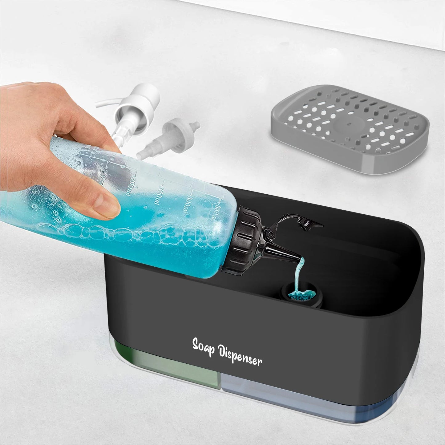 Manual Press Soap Box, Detergent Dispenser, Sponge Holder, Kitchen Sink